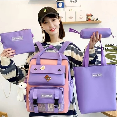 Học sinh Canvas 4 trong 1 Bộ ba lô Bộ túi đi học cho bé gái nam