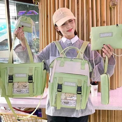 Bộ ba lô màu xanh lá cây Máy tính xách tay Sinh viên Túi sách bền Cô gái