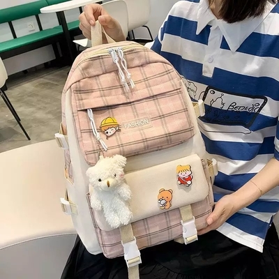 Bộ ba lô học sinh 42cm In lưới đáng yêu Ba lô 5 miếng